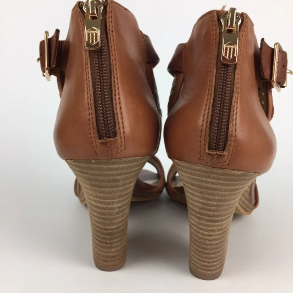 Vince Camuto Womens Brown Woven Leather Peep Toe Sandal Cone Heel size 10